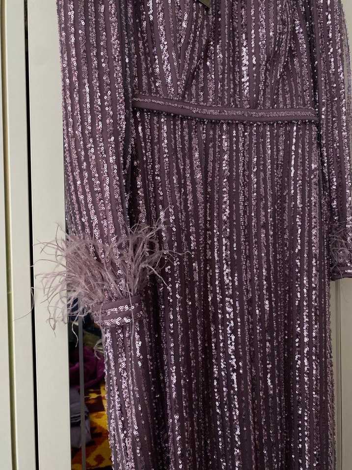 Mor Payetli Uzun Kollu Abiye Elbise - Görsel 3