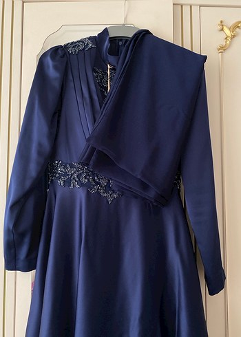 Lacivert Nakışlı Uzun Kollu Uzun Abiye Elbise - Görsel 5