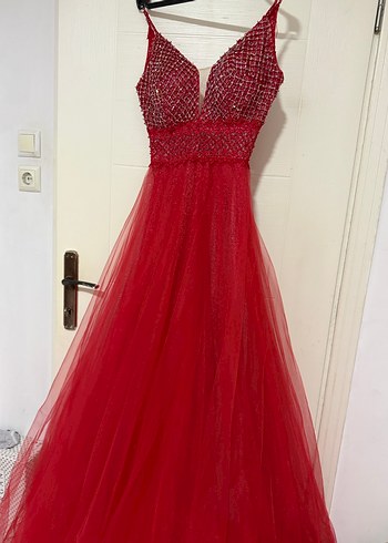 Kırmızı Payetli Uzun Abiye Elbise - Görsel 9