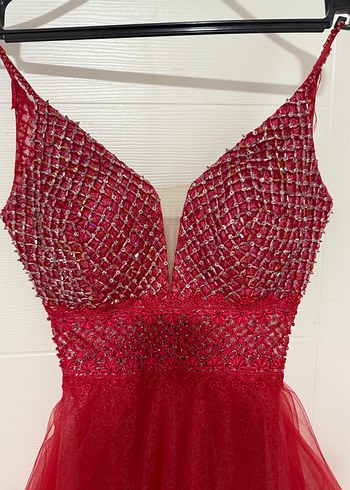 Kırmızı Payetli Uzun Abiye Elbise - Görsel 2
