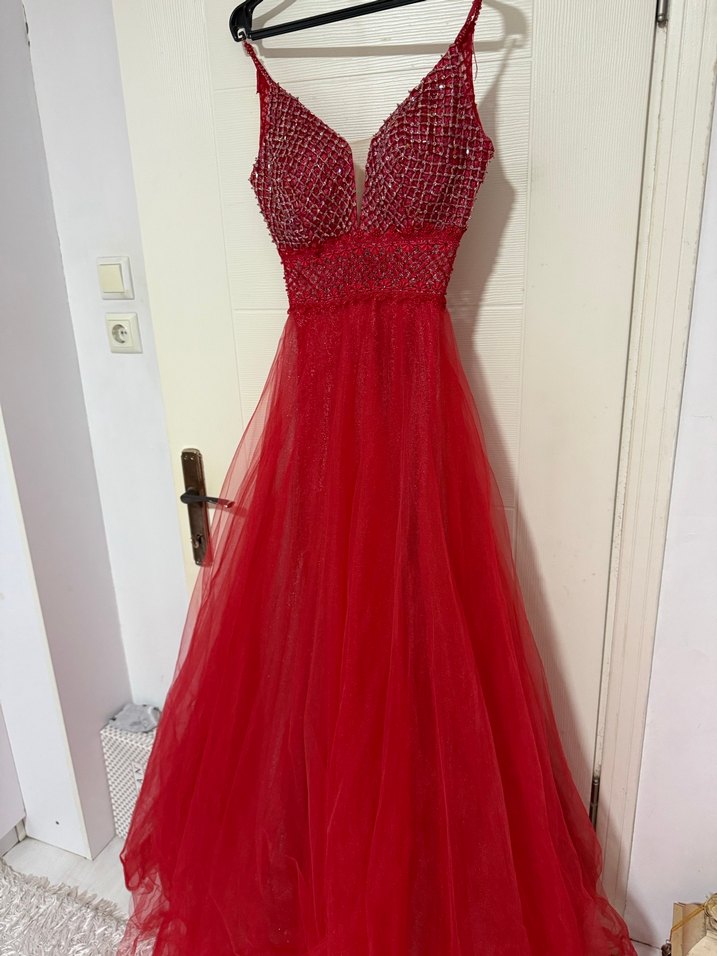 Kırmızı Payetli Uzun Abiye Elbise - Görsel 4