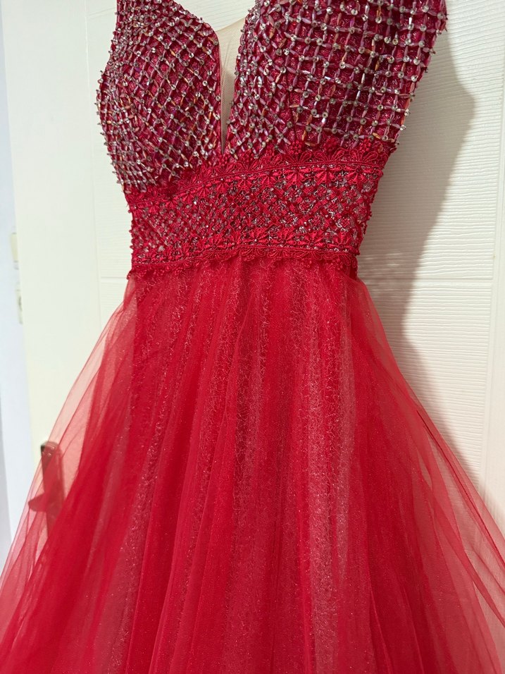 Kırmızı Payetli Uzun Abiye Elbise - Görsel 3