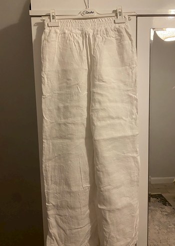 Beyaz Keten Midi Kadın Pantolon - Görsel 4