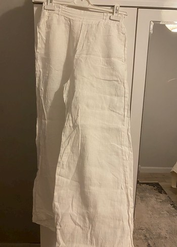 Beyaz Keten Midi Kadın Pantolon - Görsel 3