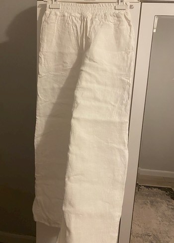 Beyaz Keten Midi Kadın Pantolon - Görsel 6