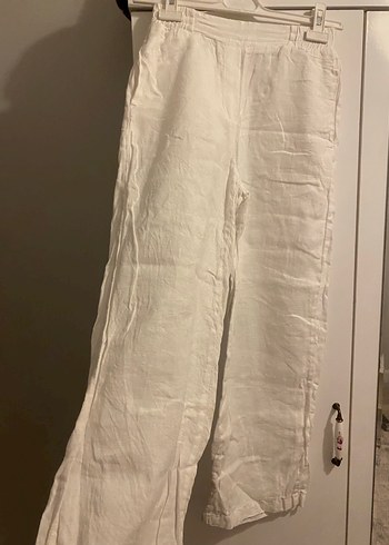 Beyaz Keten Midi Kadın Pantolon - Görsel 2