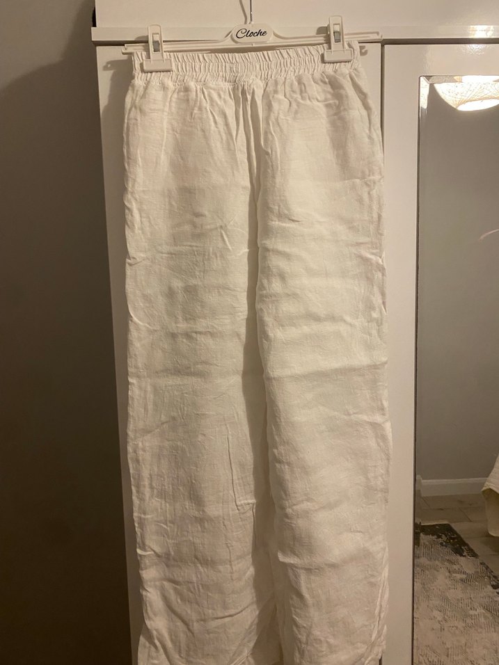 Beyaz Keten Midi Kadın Pantolon - Görsel 4