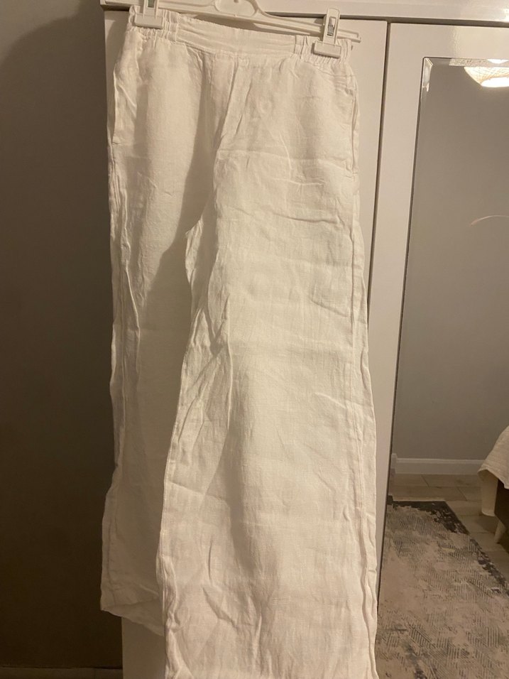 Beyaz Keten Midi Kadın Pantolon - Görsel 3
