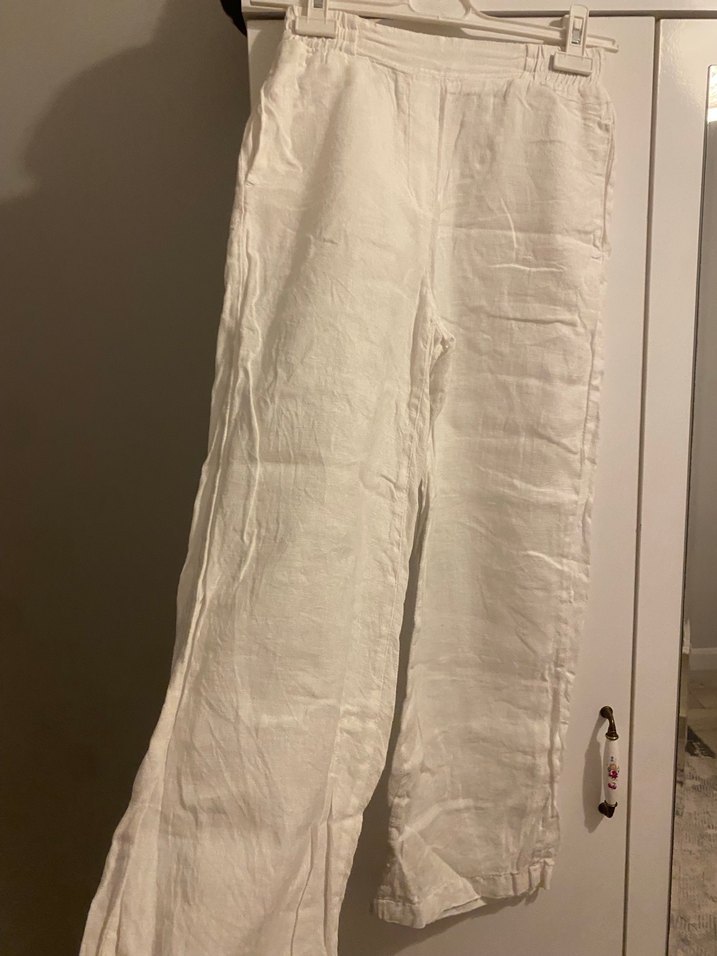 Beyaz Keten Midi Kadın Pantolon - Görsel 2