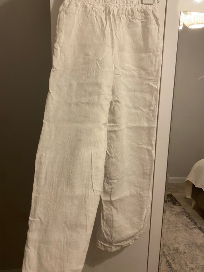Beyaz Keten Midi Kadın Pantolon - Görsel 5
