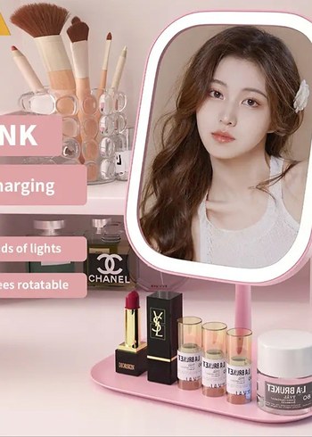 Pembe Işıklı Masaüstü Makyaj Aynası - Görsel 2