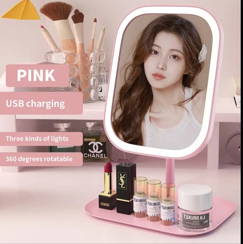Pembe Işıklı Masaüstü Makyaj Aynası - Görsel 2