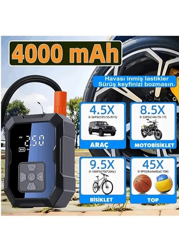 Akıllı 4000mAh Şarjlı Hava Pompası Kompresörü 150psi Araç Lastik - Görsel 2