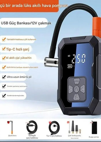 Akıllı 4000mAh Şarjlı Hava Pompası Kompresörü 150psi Araç Lastik - Görsel 3