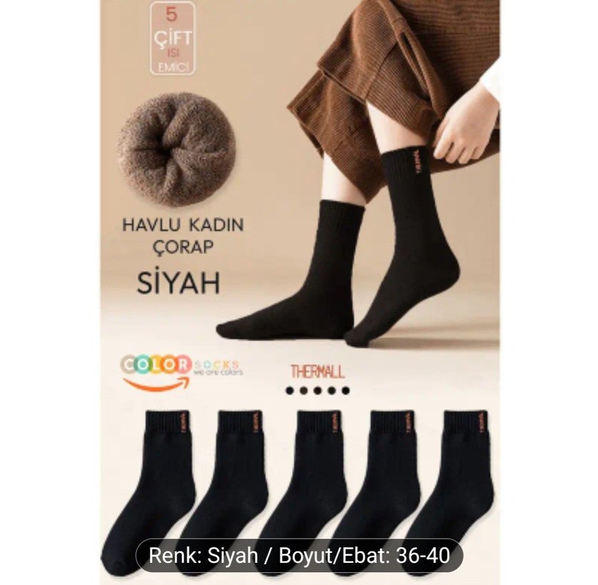5 Çift Siyah Termal Kadın Havlu Kışlık Çorap (ISI EMİCİ) - Görsel 2