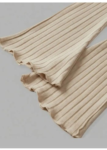 Bej Fitilli Dik Yakalı Kadın Triko Kazak bluz volan kol - Görsel 3