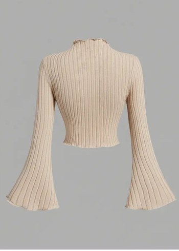 Bej Fitilli Dik Yakalı Kadın Triko Kazak bluz volan kol - Görsel 2