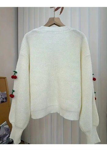 Sonbahar Yeni Kiraz Desenli Şık Rahat V Yaka Düğmeli Kazak Ceket - Görsel 2