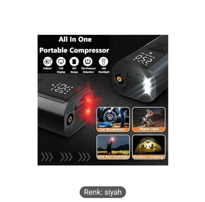 150psı Siyah Dijital oto kompresör el feneri Powerbank - Görsel 3