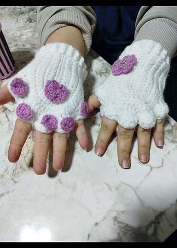 Beyaz Mor Detaylı Örgü Kadın Eldiven - Görsel 2