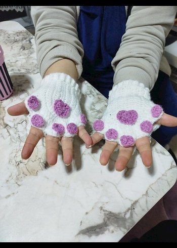 Beyaz Mor Detaylı Örgü Kadın Eldiven - Görsel 3