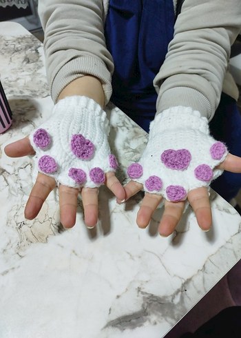 Beyaz Örgü Kadın Eldivenleri pembeDetaylı - Görsel 3