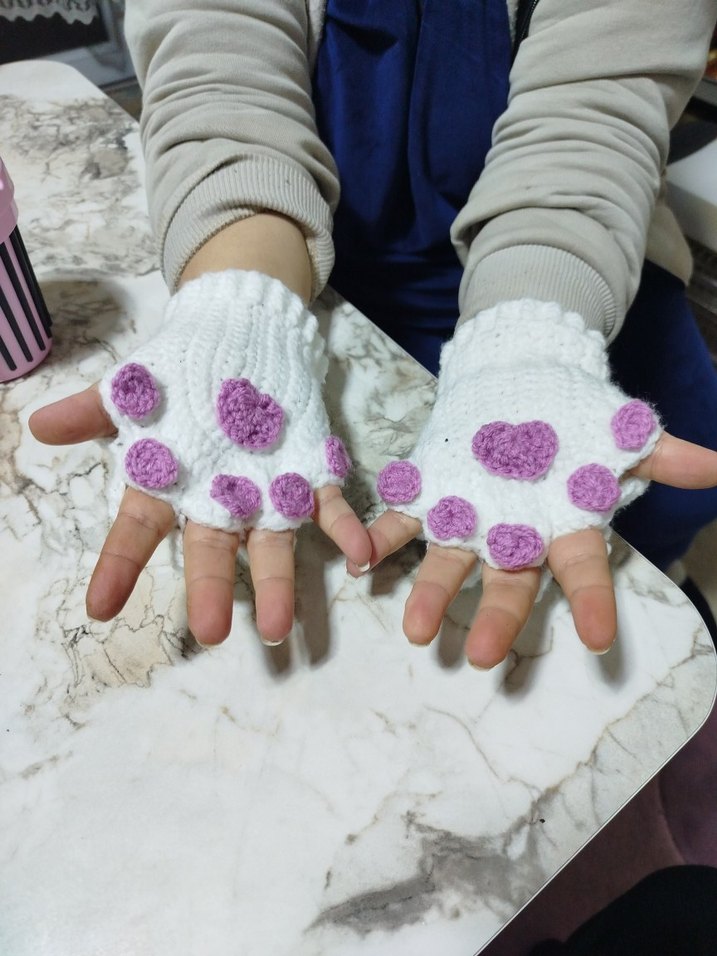 Beyaz Örgü Kadın Eldivenleri pembeDetaylı - Görsel 3