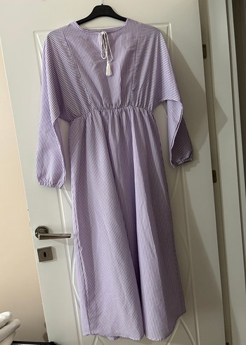 Mor V Yaka Uzun Keten Elbise - Görsel 2