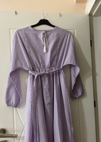 Mor V Yaka Uzun Keten Elbise - Görsel 3