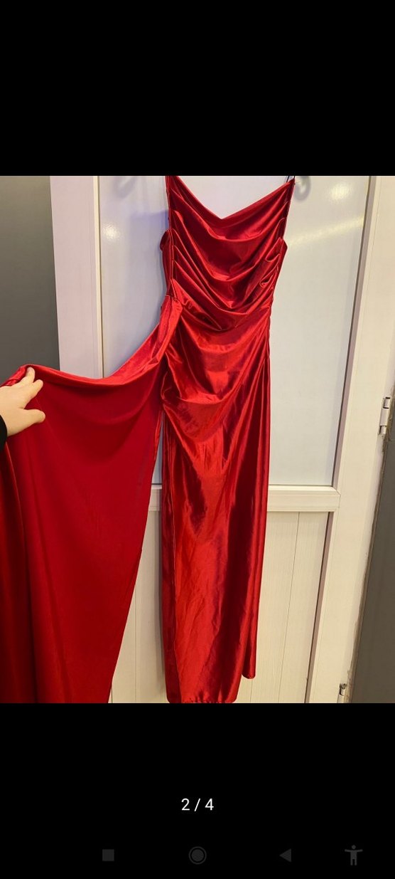 Kırmızı Drapeli Uzun Abiye Elbise - Görsel 2
