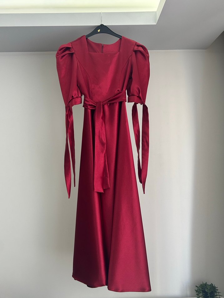 Bordo Saten Abiye Elbise - Görsel 2