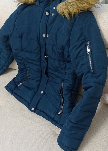 Kadın Mavi Kapüşonlu Kışlık Mont - Görsel 5