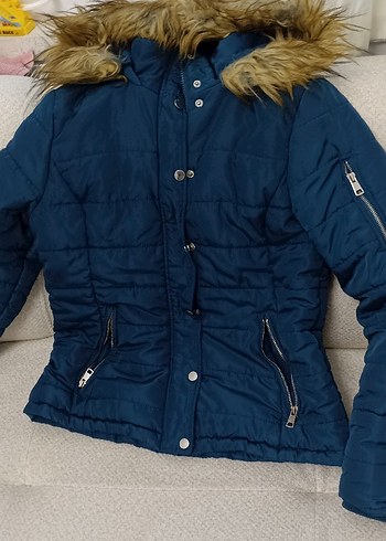 Kadın Mavi Kapüşonlu Kışlık Mont - Görsel 4