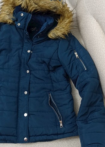 Kadın Mavi Kapüşonlu Kışlık Mont - Görsel 7