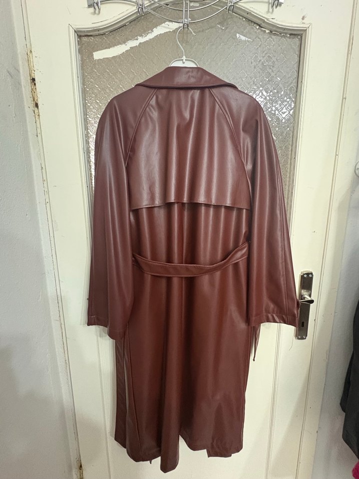 Bordo Deri Kadın Trençkot - Görsel 4