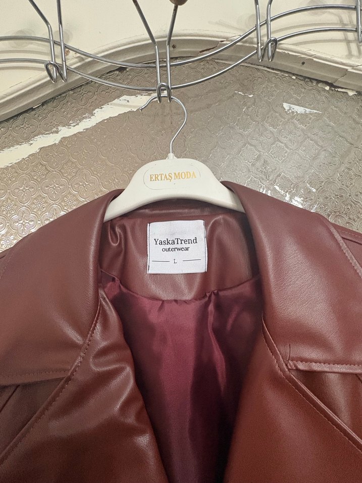 Bordo Deri Kadın Trençkot - Görsel 2