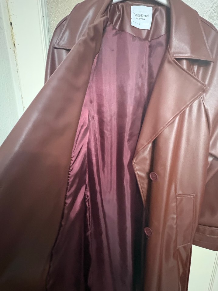 Bordo Deri Kadın Trençkot - Görsel 3