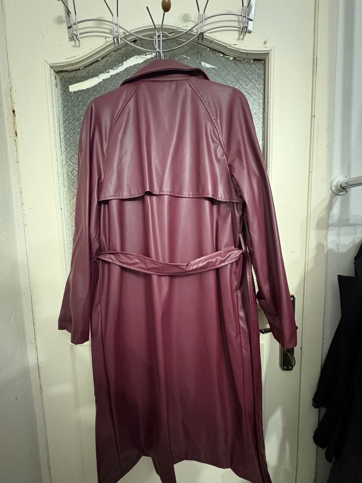 Bordo Deri Kadın Trençkot - Görsel 5