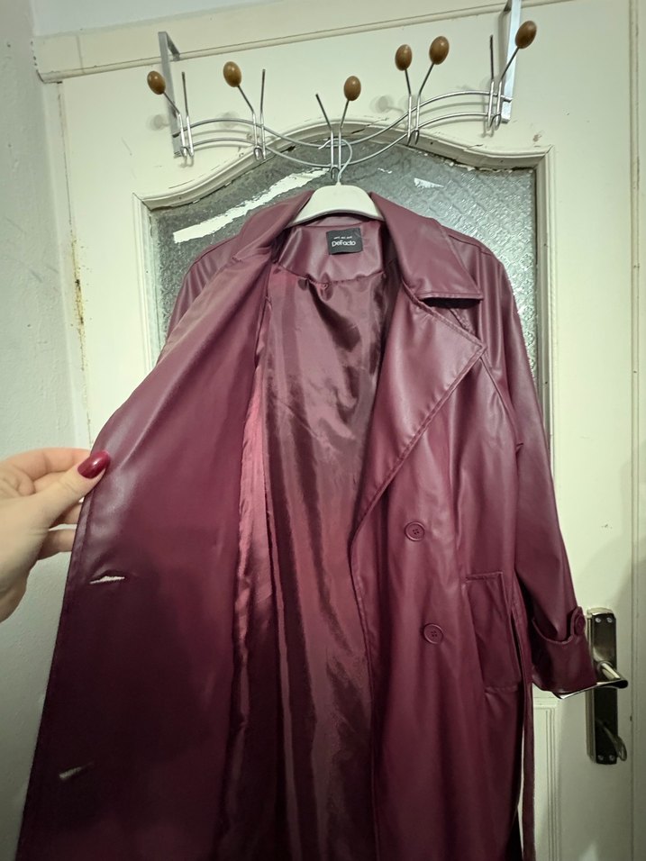 Bordo Deri Kadın Trençkot - Görsel 3