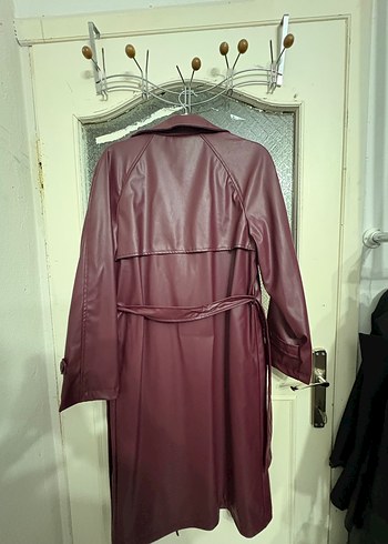 Bordo Deri Uzun Kadın Trençkot - Görsel 6
