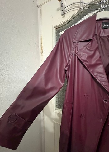 Bordo Deri Uzun Kadın Trençkot - Görsel 5