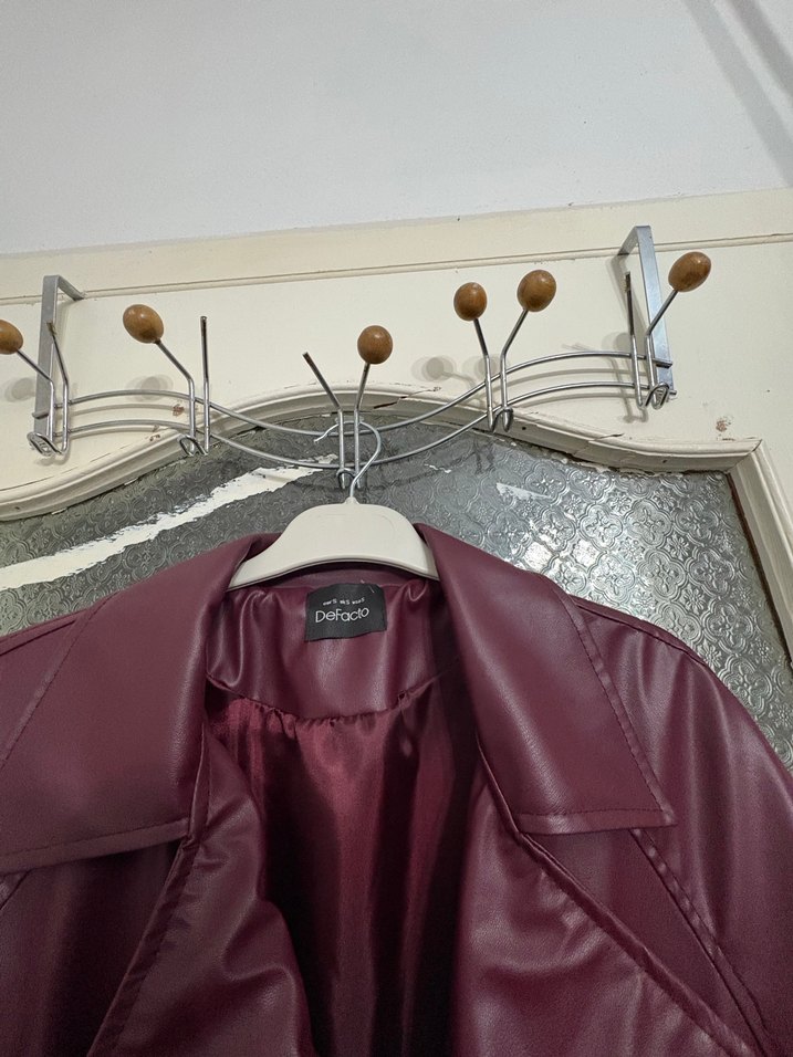 Bordo Deri Uzun Kadın Trençkot - Görsel 2