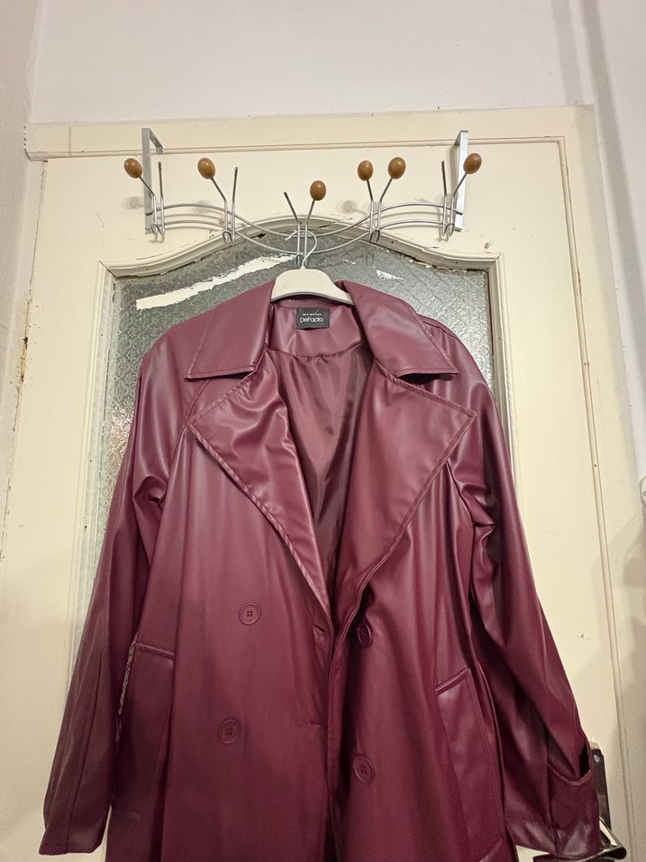 Bordo Deri Uzun Kadın Trençkot - Görsel 3