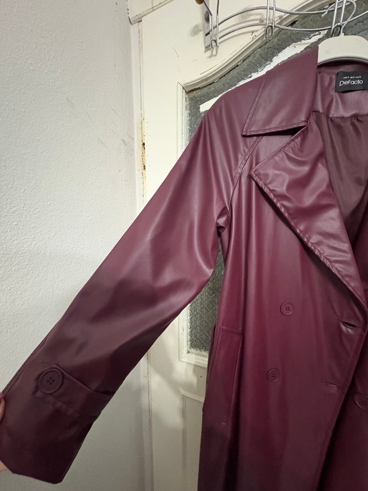 Bordo Deri Uzun Kadın Trençkot - Görsel 5
