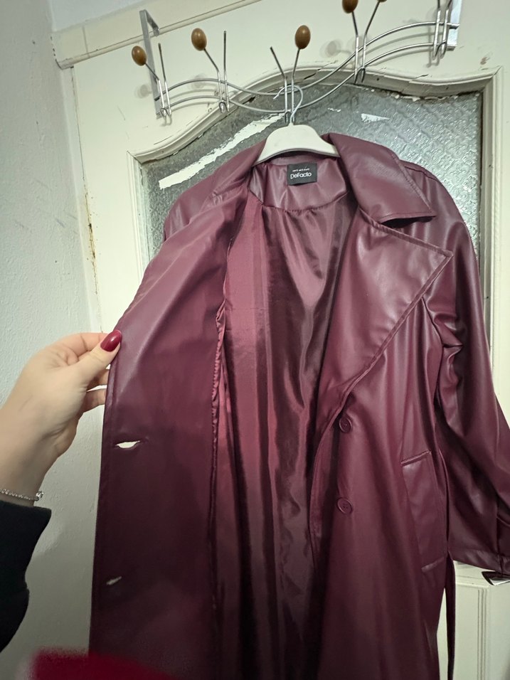 Bordo Deri Uzun Kadın Trençkot - Görsel 4