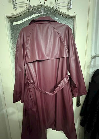 Bordo Uzun Deri Kadın Trençkot - Görsel 4