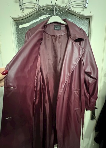 Bordo Uzun Deri Kadın Trençkot - Görsel 2