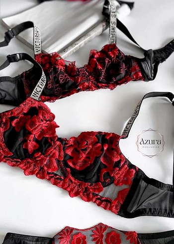 Kırmızı Nakışlı Büstiyer ve Külot Takımı l ve Xl beden - Görsel 2