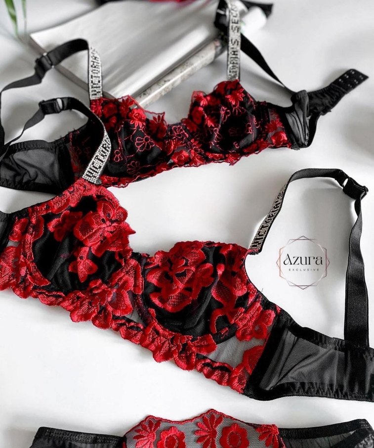 Kırmızı Nakışlı Büstiyer ve Külot Takımı l ve Xl beden - Görsel 2