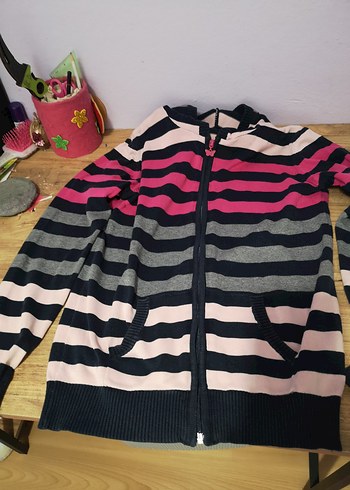 Çizgili Kapüşonlu Kız Hırka - Görsel 5